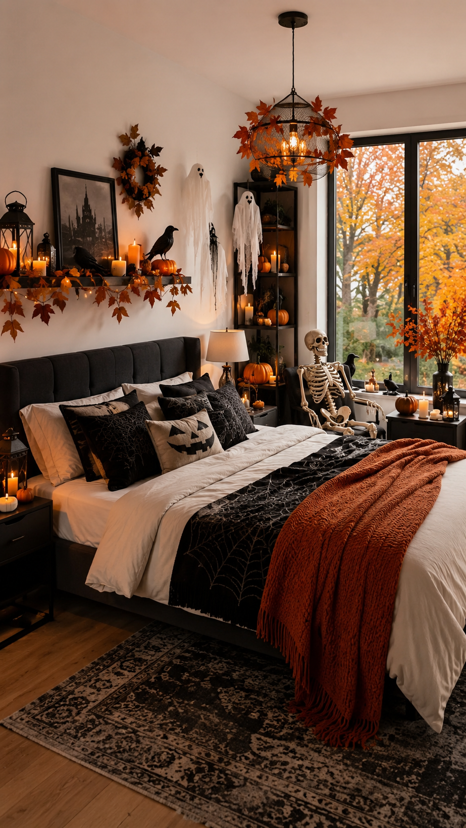 Modern Halloween bedroom with charcoal upholstered bed, white bedding, black pillows, jack-o-lantern cushion, orange throw, skeleton, black window, candles, pumpkins, ghosts, and autumn view