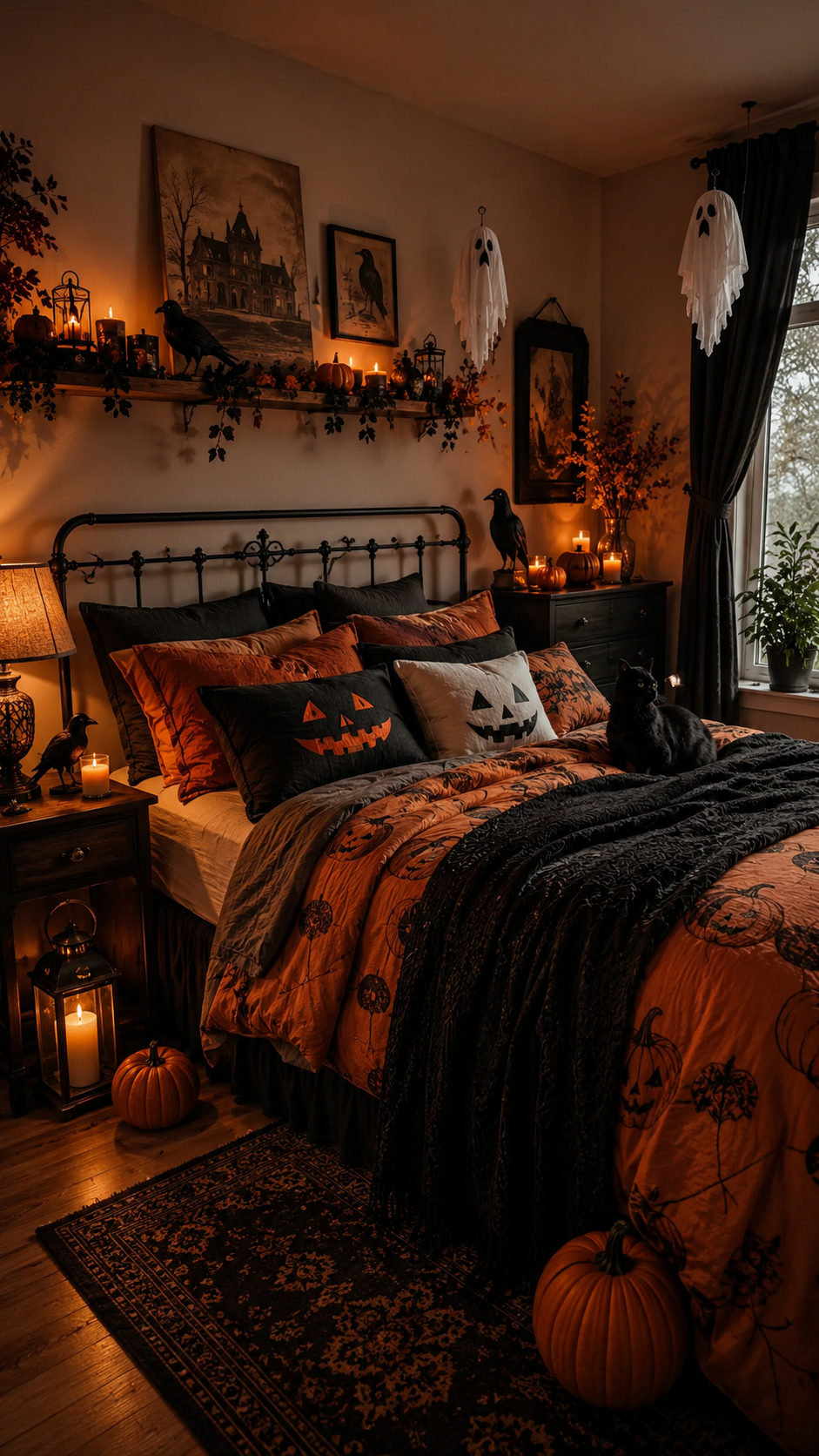 Black and orange Halloween bedroom with metal bed frame, jack-o-lantern pillows, pumpkin bedding, black throw, shelf decor, ghosts, ravens, candles, and black cat