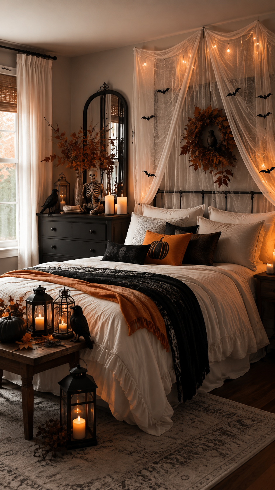 Halloween bedroom ideas with black metal bed frame, white bedding, black throw, orange blanket, bats, spiderweb canopy, wreath, skeleton, ravens, pumpkins, lanterns, and warm lights