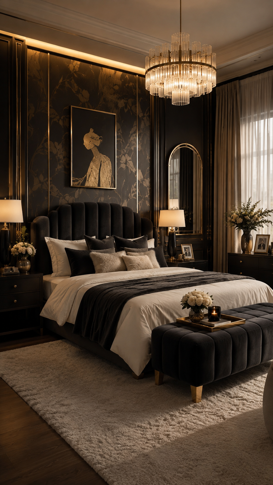 Black Nouveau decor bedroom with black floral wall paneling, gold trim, black velvet bed, white bedding, crystal chandelier, arched mirror, cream rug, and luxury dark interior styling