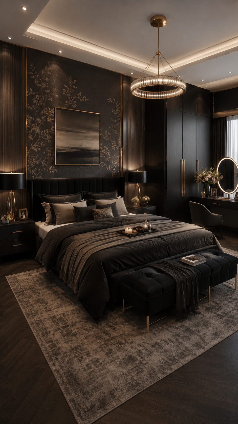 Black Nouveau bedroom with botanical black and gold feature wall, black upholstered bed, chandelier, wardrobe storage, vanity mirror, black bench, warm lighting, and patterned rug