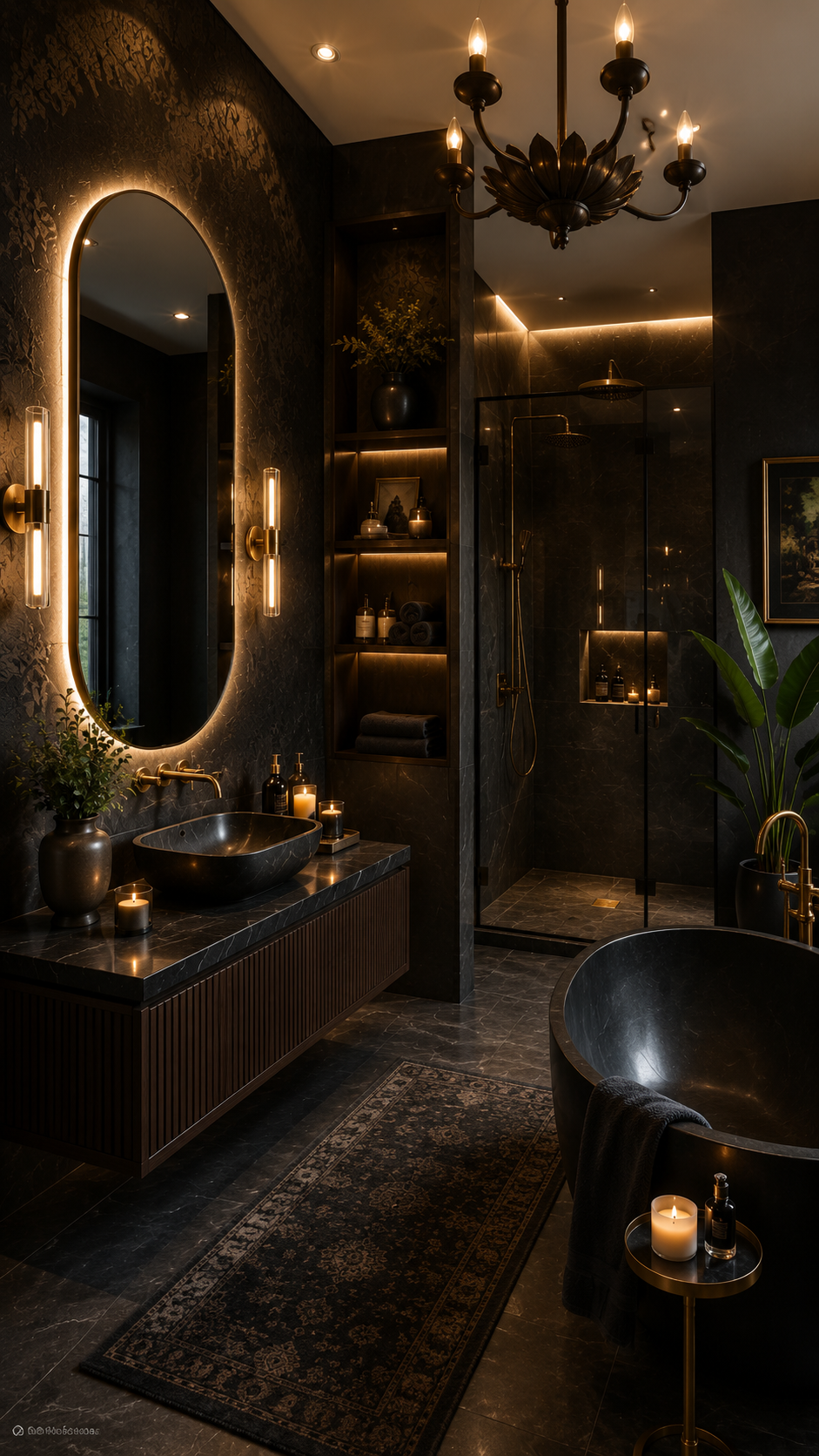 Black Nouveau bathroom with black floral walls, oval backlit mirror, brass sconces, floating vanity, black vessel sink, glass shower, black tub, chandelier, runner rug, and plants