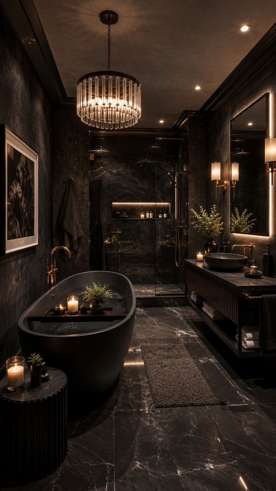 Luxury Black Nouveau bathroom with black marble walls, freestanding black bathtub, brass tub filler, floating vanity, crystal chandelier, glass shower, warm lighting, and greenery
