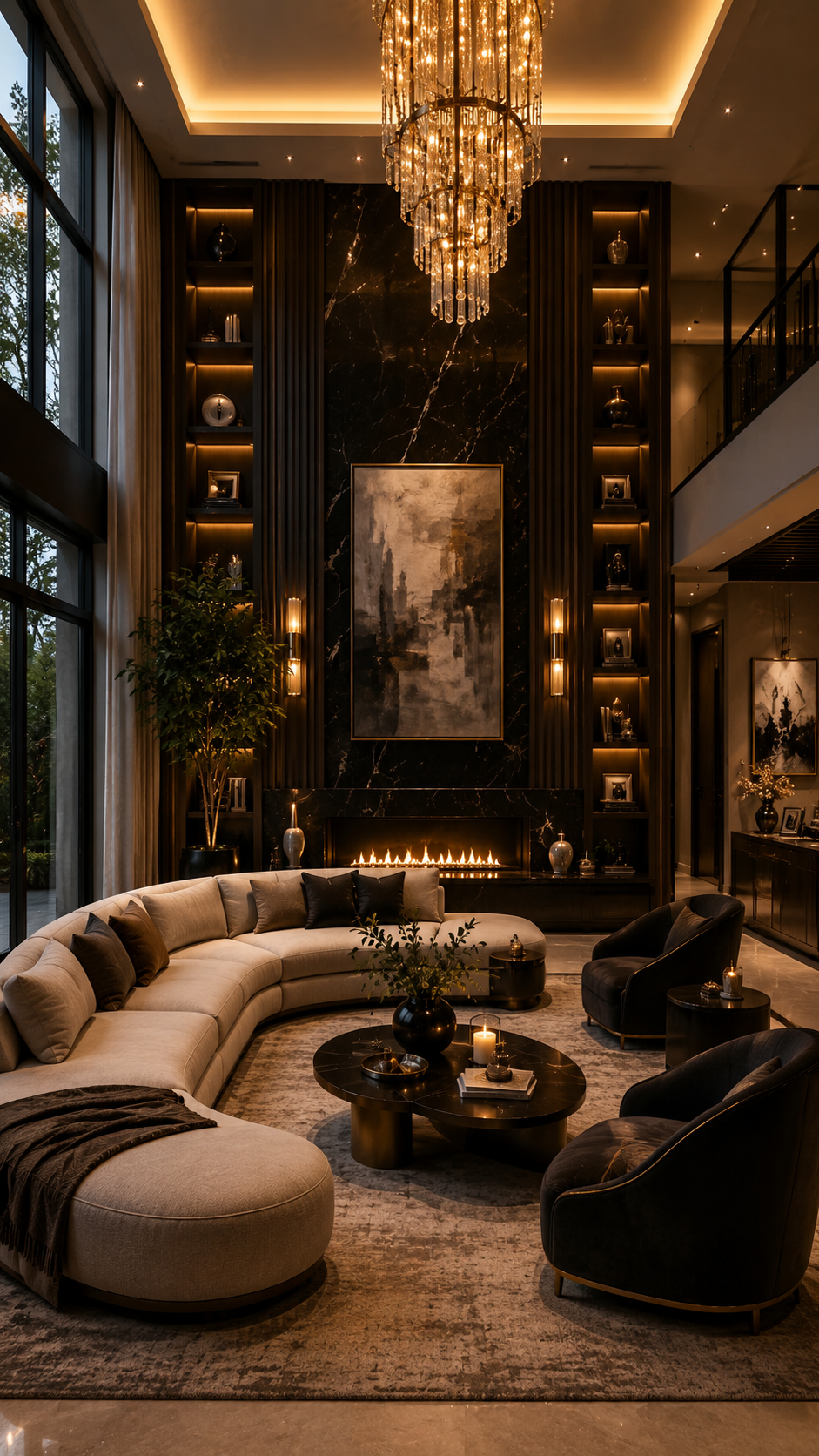 Black Nouveau living room with double-height fireplace wall, black marble panels, cream curved sectional, crystal chandelier, built-in shelves, black coffee table, gold accents, and indoor tree