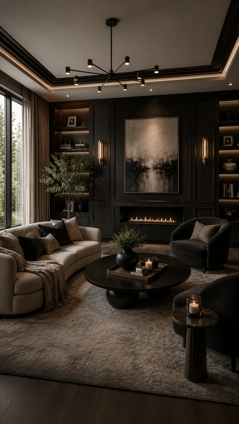 Modern Black Nouveau living room with black paneled wall, linear fireplace, cream curved sofa, black rounded chairs, branching chandelier, built-in shelves, tall windows, plants, and neutral rug