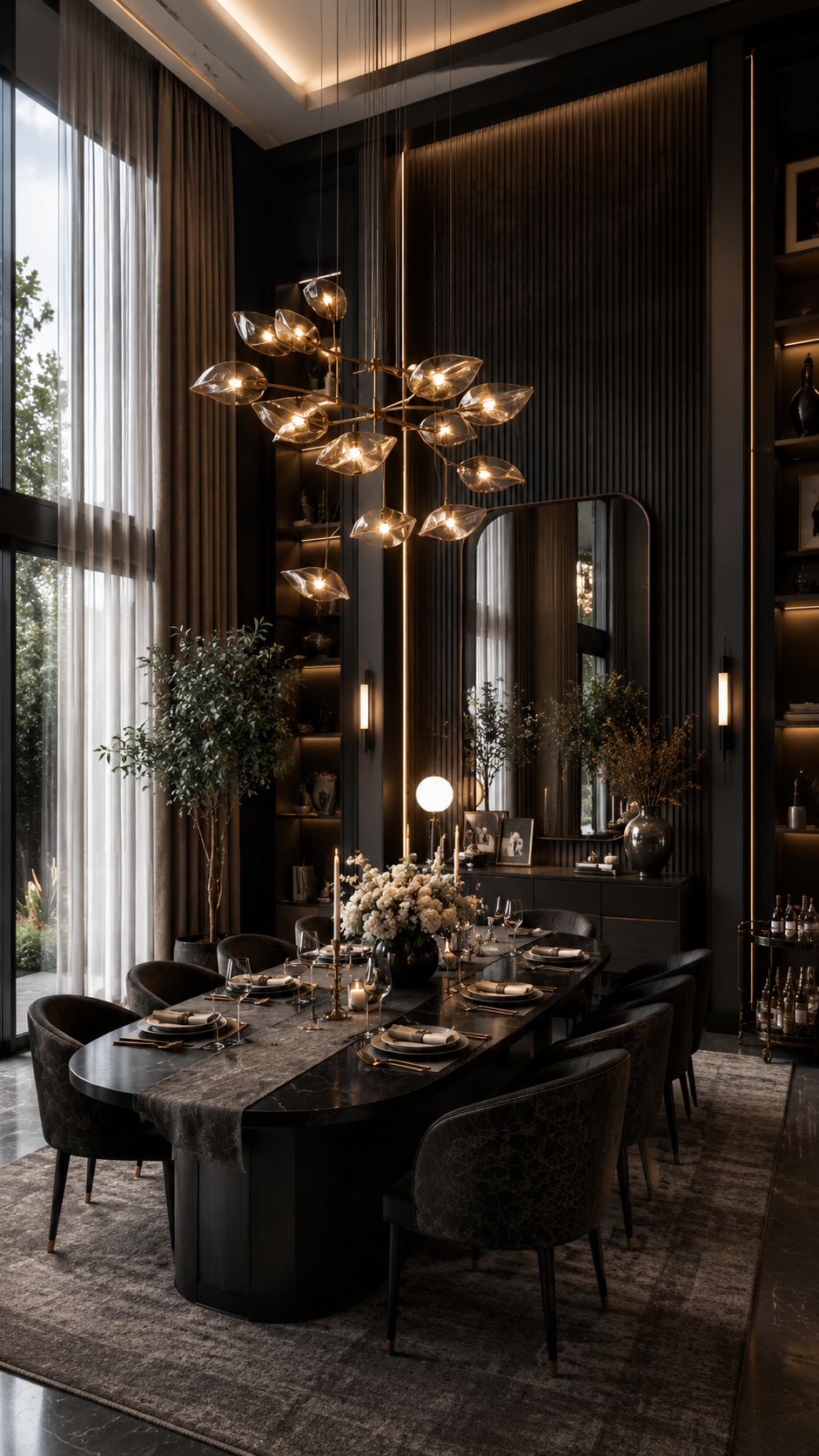 Black Nouveau dining room with black rounded dining table, upholstered chairs, branching gold chandelier, fluted wall, large mirror, console table, bar cart, candles, and floral centerpiece