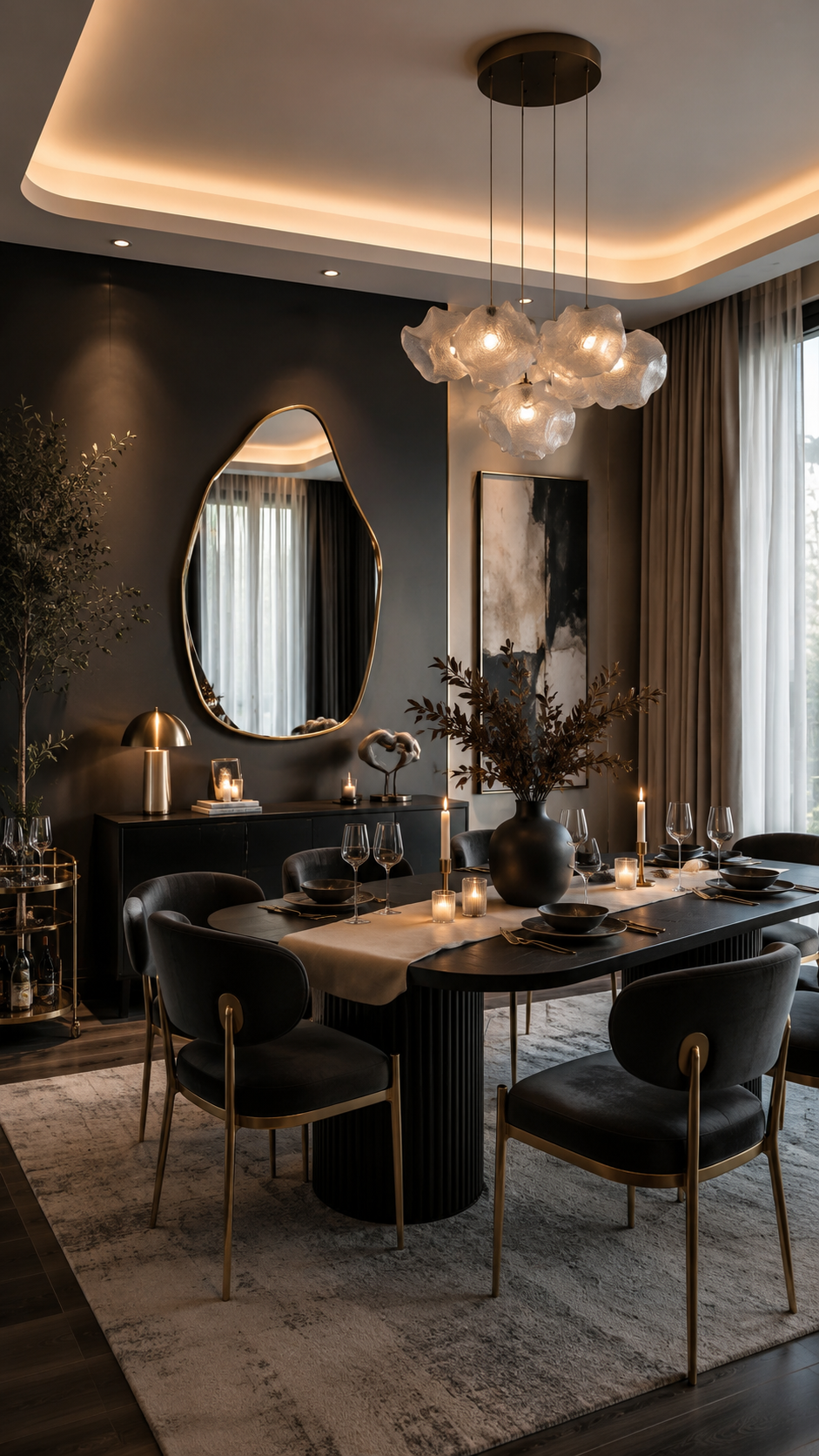 Soft glam Black Nouveau dining room with oval black table, charcoal chairs, brass legs, textured chandelier, irregular mirror, console table, bar cart, indoor tree, drapes, and area rug
