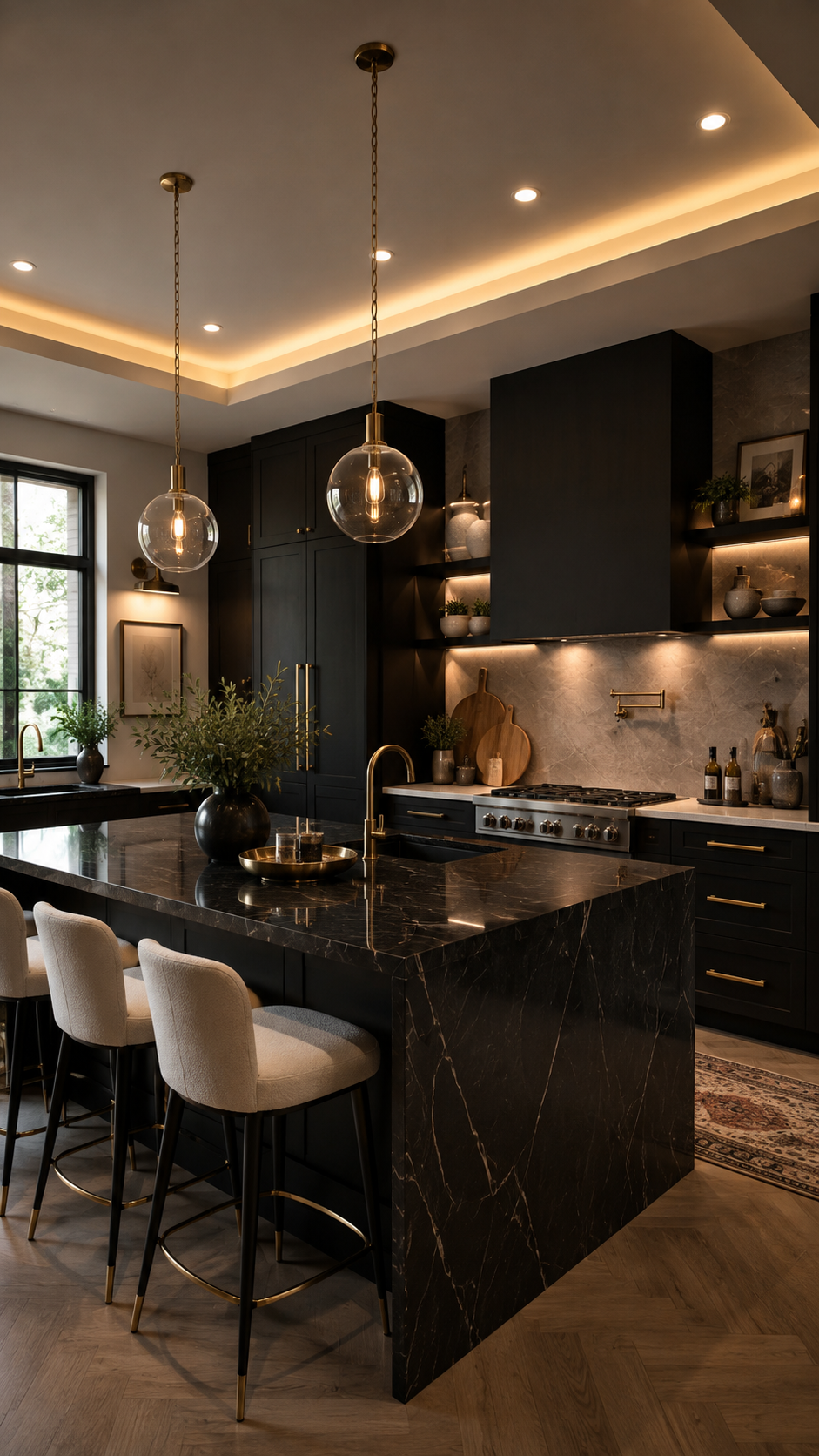 Black Nouveau kitchen with black marble waterfall island, cream bar stools, globe pendant lights, black cabinetry, brass hardware, open shelves, pot filler, herringbone floor, and runner rug