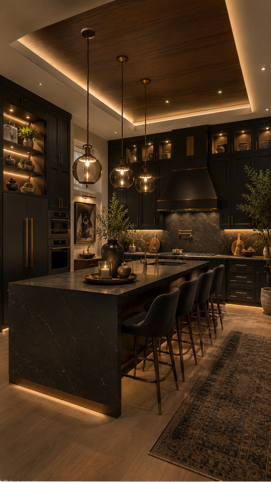 Moody Black Nouveau kitchen with black stone island, gold veining, charcoal bar stools, globe pendants, black cabinets, brass handles, wood ceiling inset, glass cabinets, plants, and runner rug