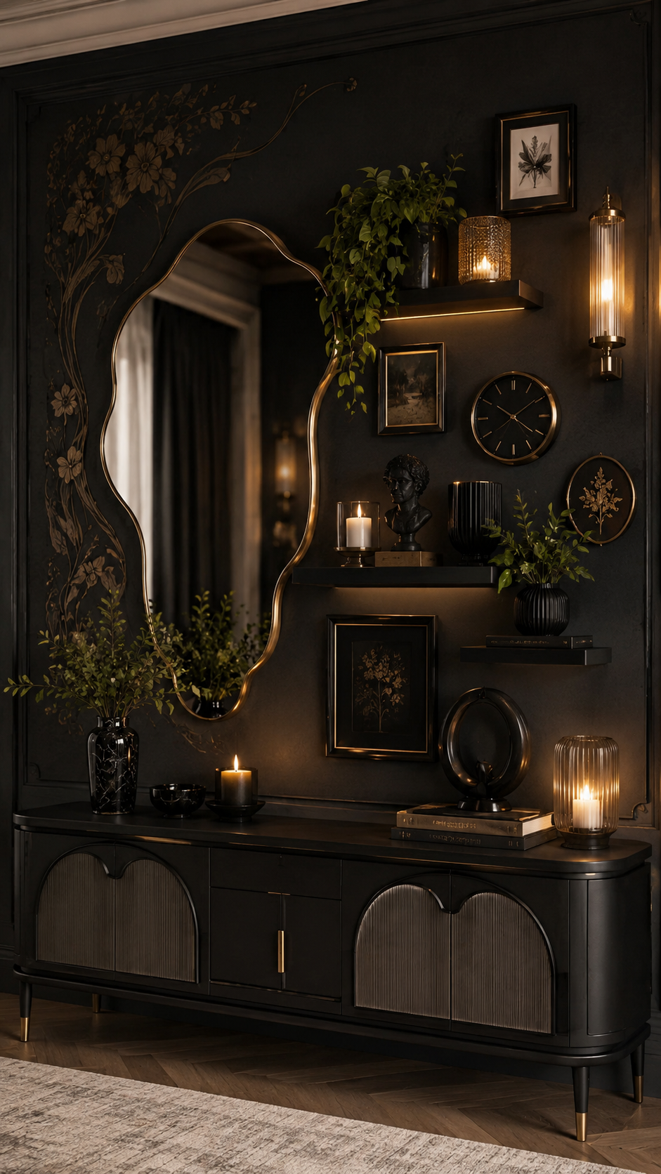 Black Nouveau wall decor with black botanical wall, gold irregular mirror, black console cabinet, floating shelves, candles, plants, framed art, brass sconce, and warm wood floor