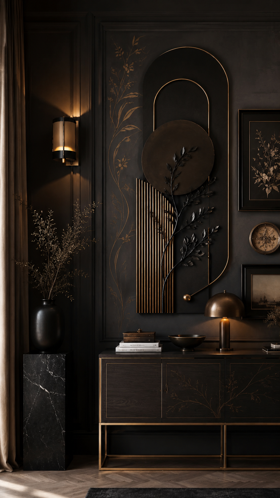 Artistic Black Nouveau wall decor with black panel molding, bronze botanical lines, arched wall installation, brass slats, console cabinet, marble pedestal, wall sconce, branches, and curtains
