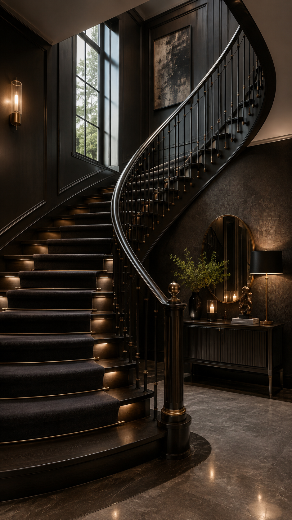 Black Nouveau staircase decor with curved black staircase, step lighting, dark runner, black wall paneling, console table, round gold mirror, candles, greenery, wall sconce, and stone flooring