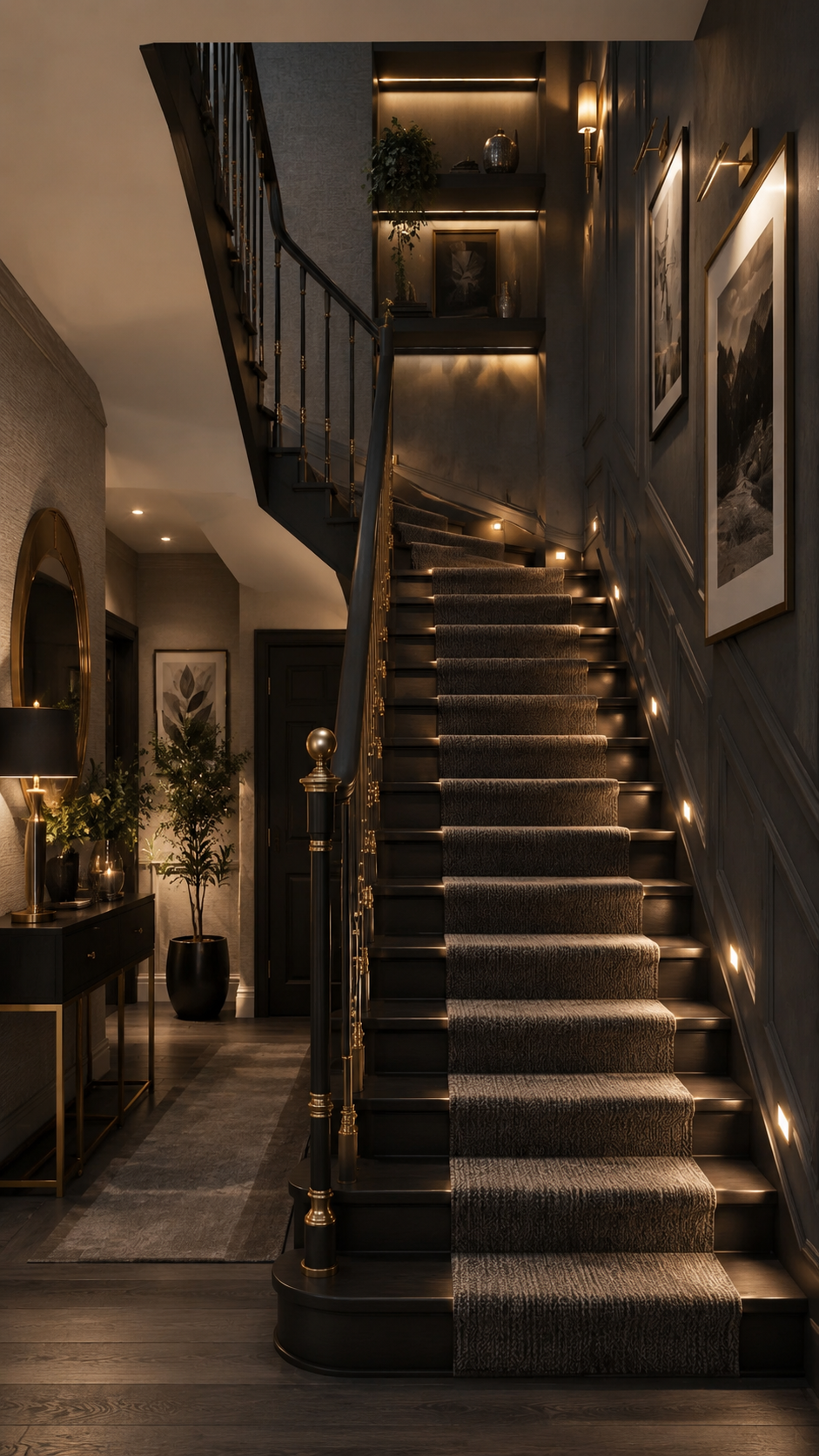 Black Nouveau staircase hallway with black wood stairs, brass accents, charcoal runner, step lights, gallery wall art, console table, oval mirror, indoor tree, runner rug, and layered lighting