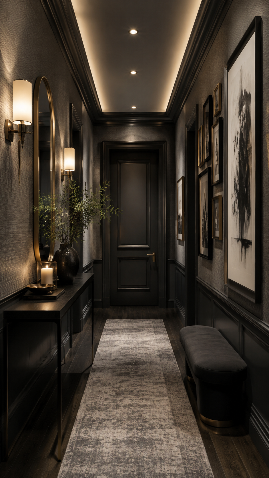 Black Nouveau hallway with charcoal walls, black panel molding, gallery wall, slim console table, oval brass mirror, wall sconces, bench, long runner rug, plants, and warm ceiling lighting