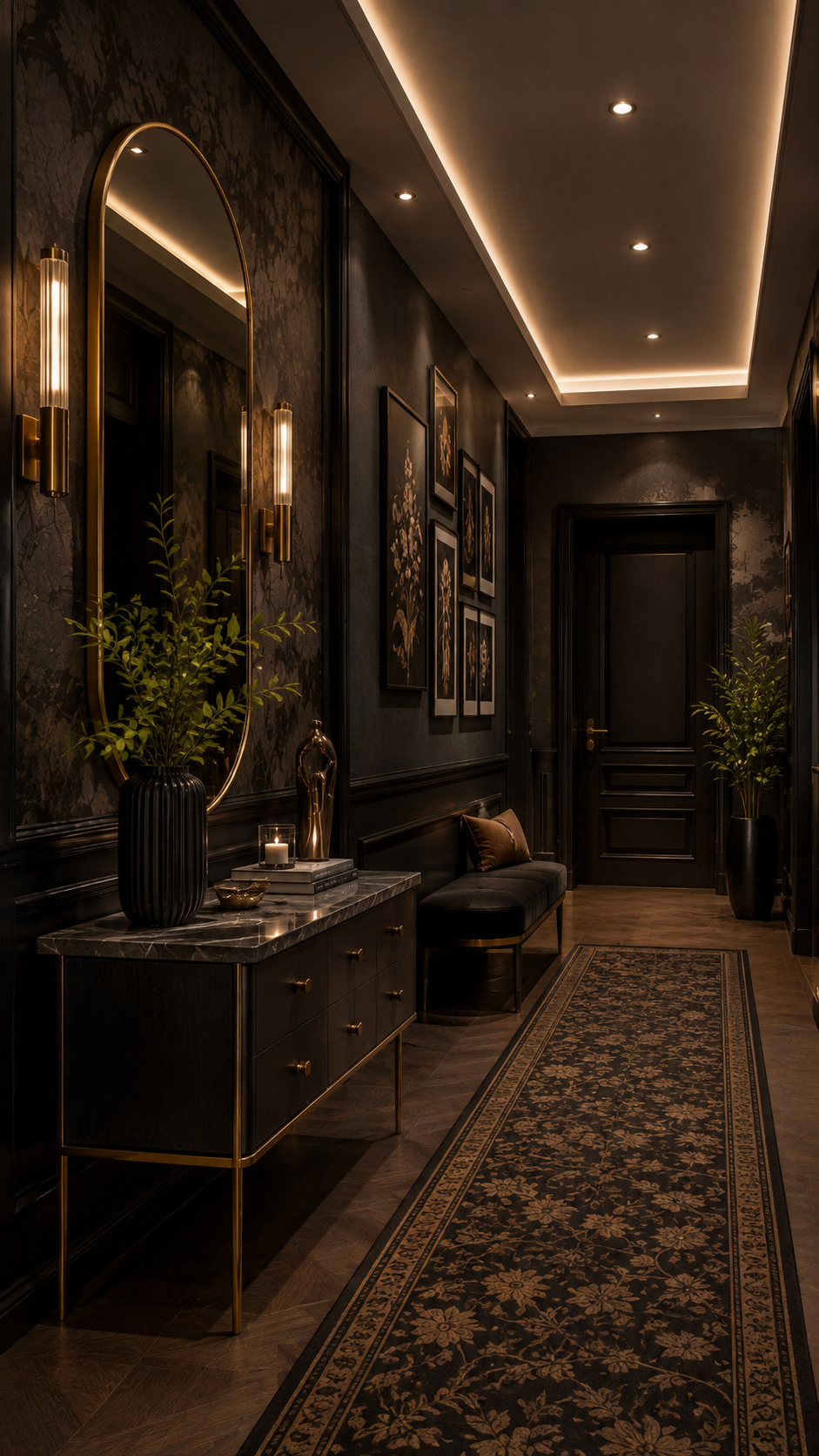 Black Nouveau hallway decor with black wall paneling, slim console cabinet, oversized oval gold mirror, brass sconces, botanical gallery wall, charcoal bench, floral runner rug, potted plant, and layered lighting
