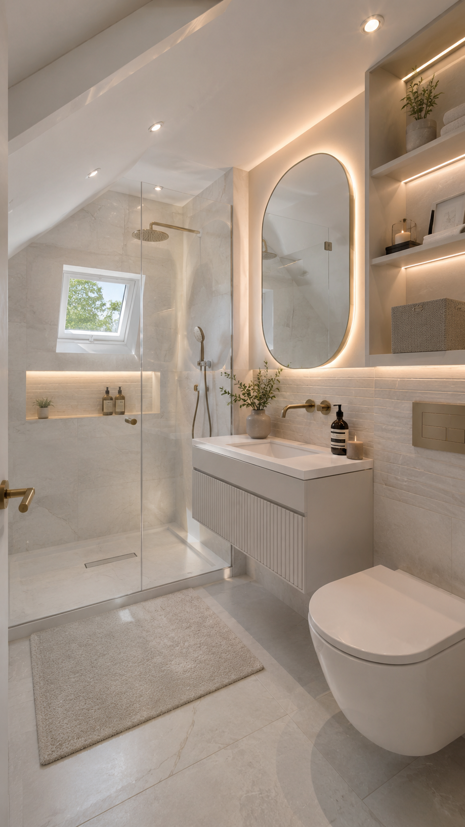 Bright upstairs bathroom with pale marble tile, gold shower fixtures, floating white vanity, oval mirror, built-in shelves, wall-hung toilet, skylight, cream rug, and soft neutral decor