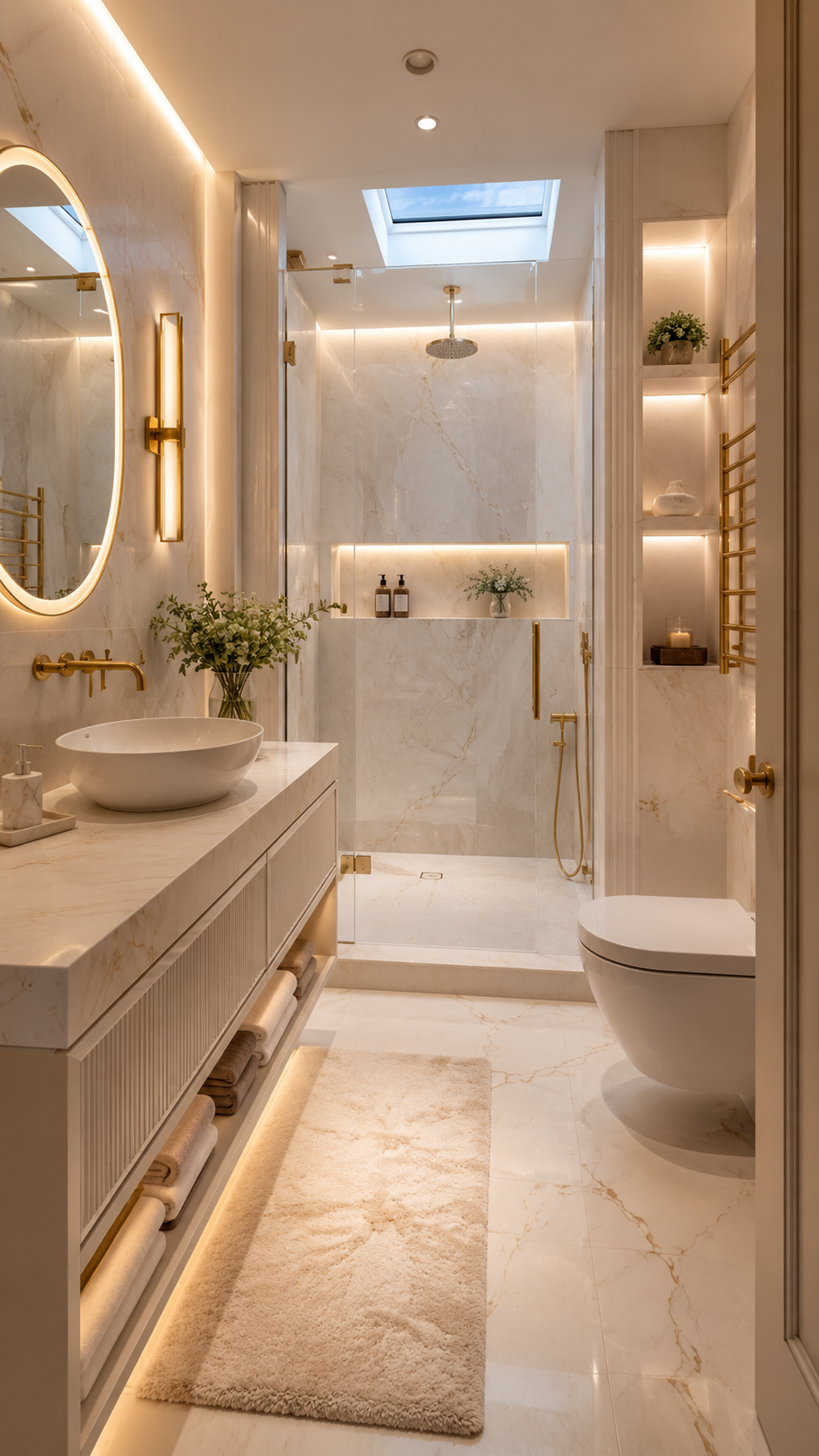 Cream marble upstairs bathroom with gold fixtures, ribbed vanity, oval backlit mirror, glass shower, skylight, wall-hung toilet, illuminated niches, heated towel rail, flowers, and cream rug