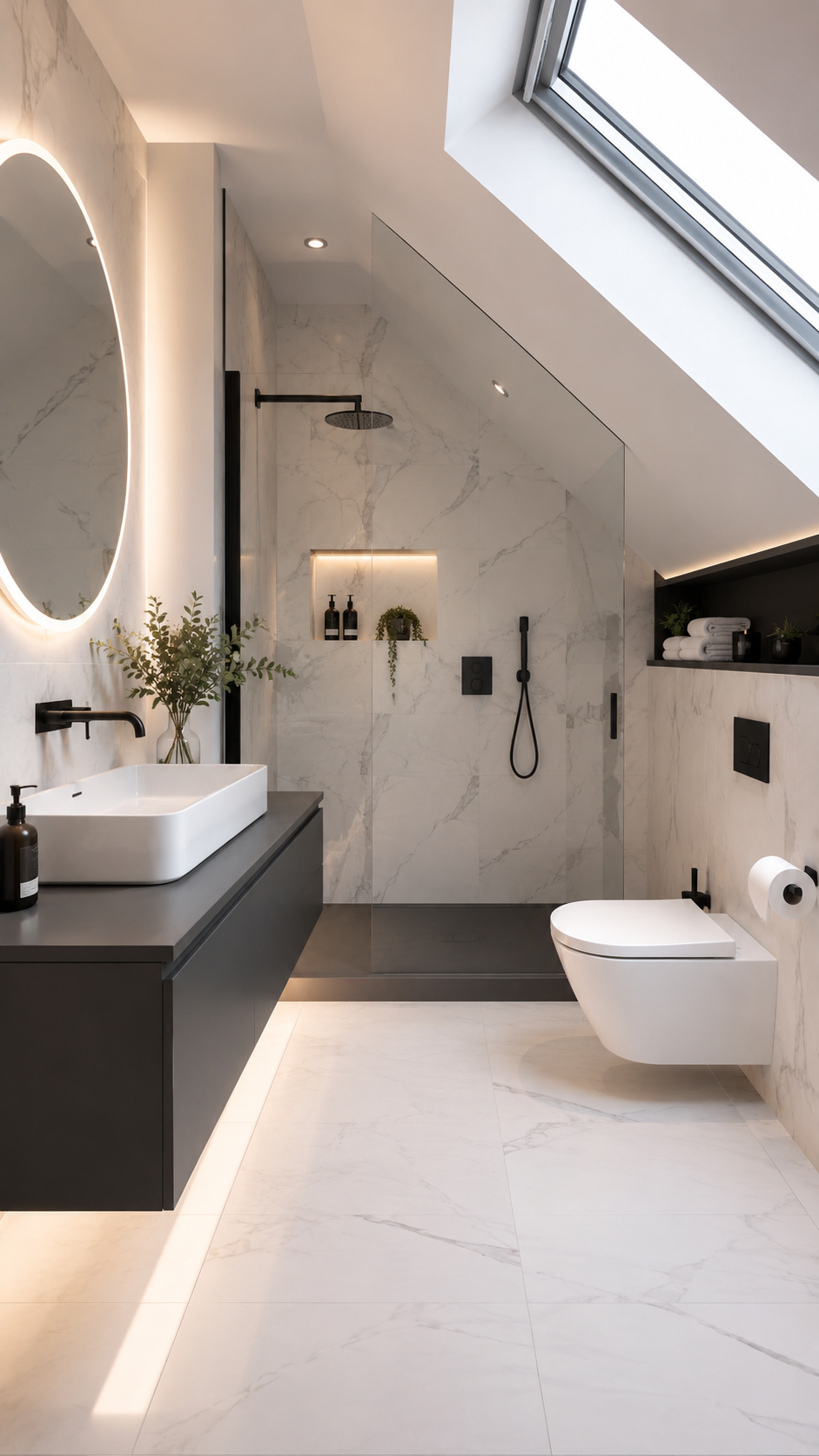 Minimal upstairs bathroom with white marble-look shower, charcoal floating vanity, black fixtures, oval mirror, skylight, wall-hung toilet, recessed storage shelf, glass enclosure, and greenery