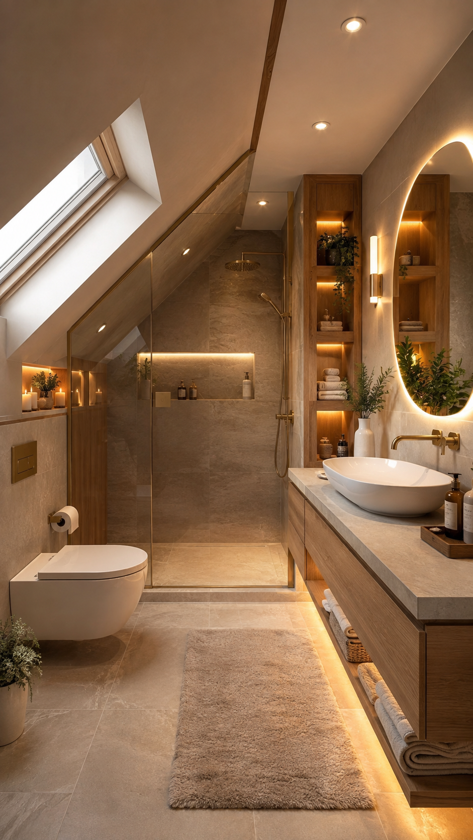 Wood and brass upstairs bathroom with floating vanity, tall built-in shelving, beige stone shower, skylight, wall-hung toilet, oval mirror, brass fixtures, cream rug, plants, and LED lighting