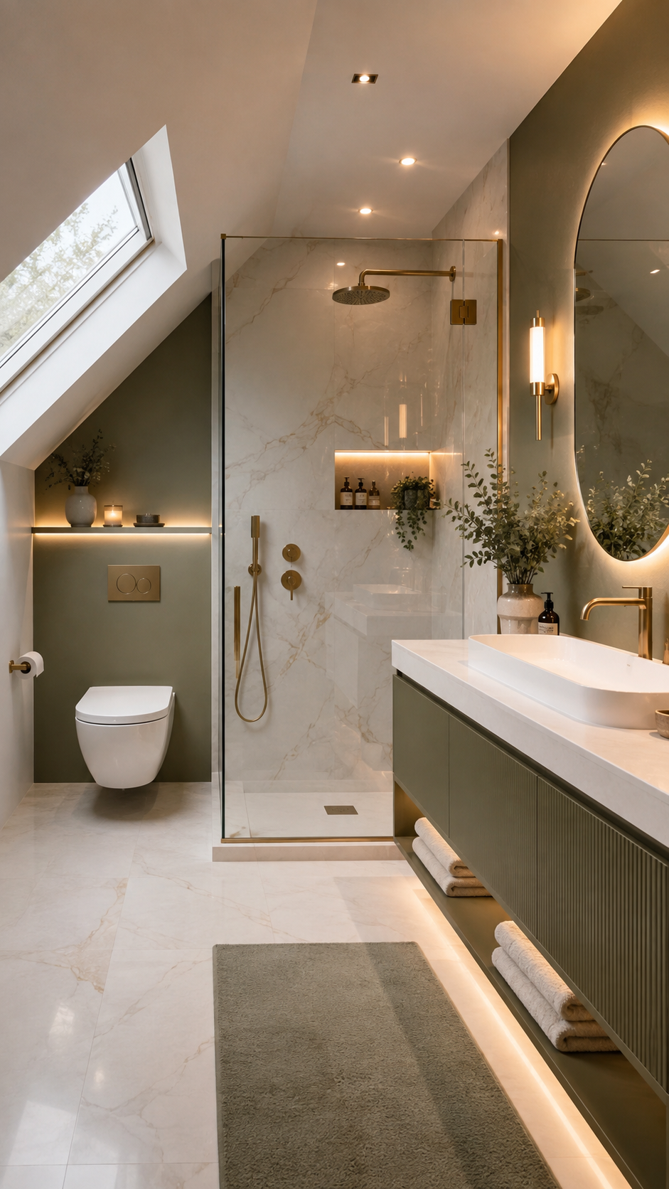 Olive upstairs bathroom with marble-look shower, gold fixtures, green ribbed vanity, oval mirror, wall-hung toilet, illuminated niche, open towel shelf, sage rug, skylight, and greenery