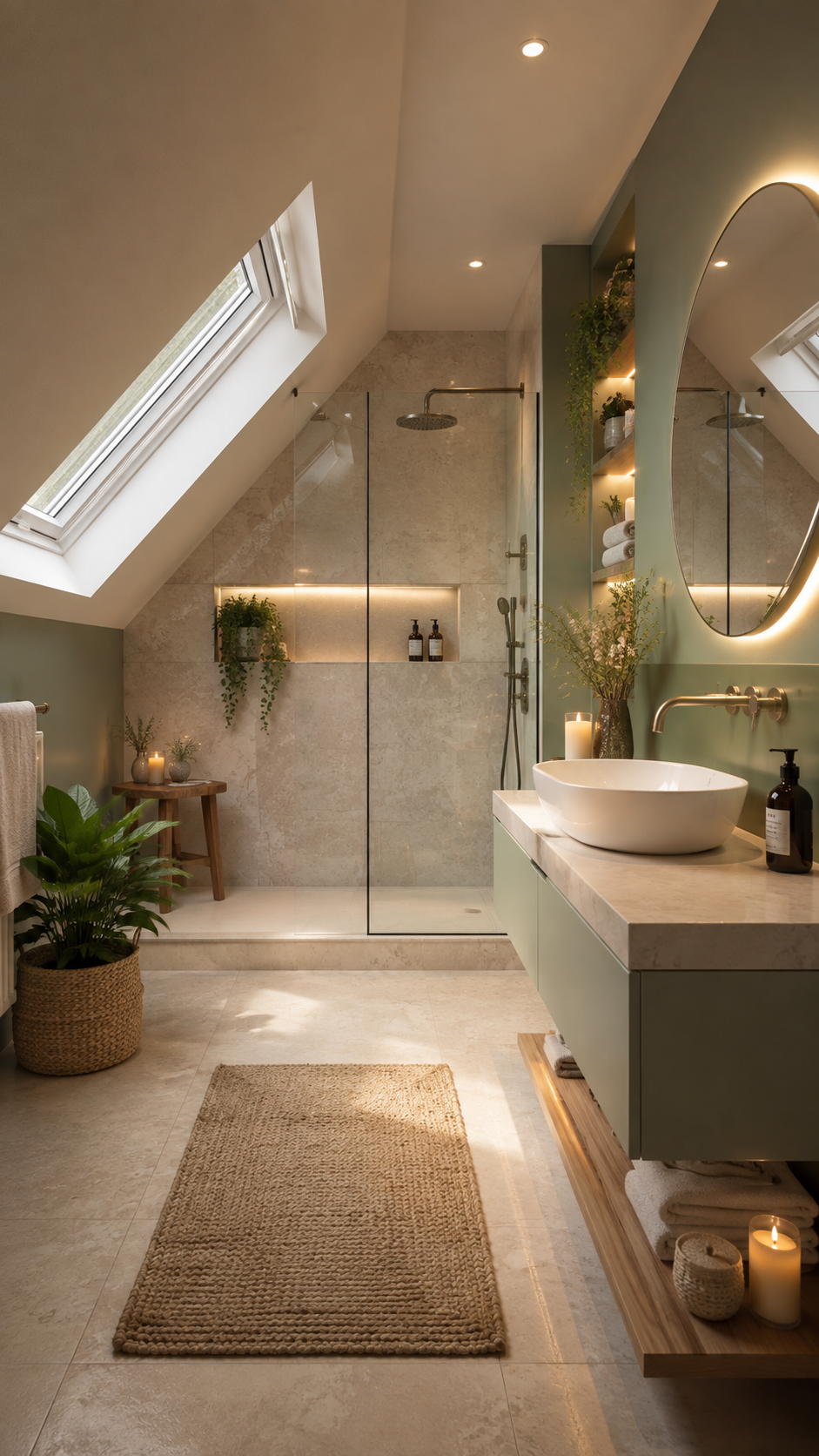 Sage green upstairs bathroom with floating vanity, beige stone shower, skylight, black rainfall shower, oval backlit mirror, open shelves, woven rug, plants, candles, and wood stool