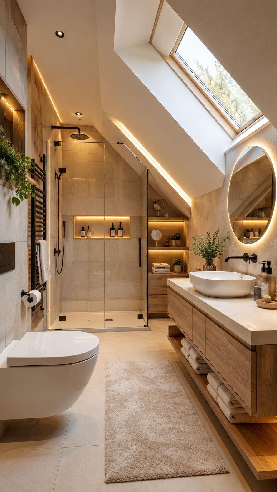 Natural wood upstairs bathroom with long floating vanity, open towel shelf, backlit oval mirror, black fixtures, glass shower, illuminated built-in shelves, skylight, cream rug, and plants
