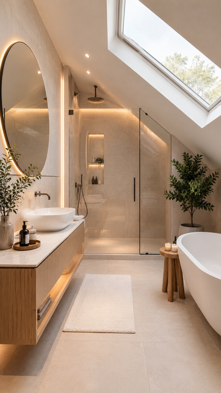 Warm wood upstairs bathroom with skylight, floating vanity, oval mirror, walk-in shower, freestanding bathtub, frameless glass, large plant, cream rug, stool, and beige stone tile