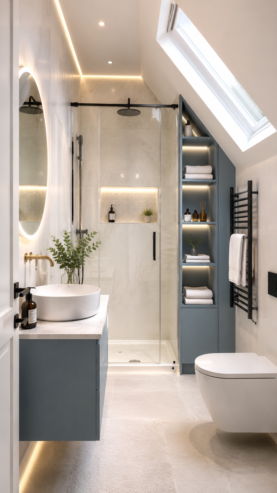 Small upstairs bathroom with blue-gray floating vanity, built-in shelving, skylight, glass shower, black fixtures, gold faucet, oval mirror, heated towel rail, cream rug, and neutral tile