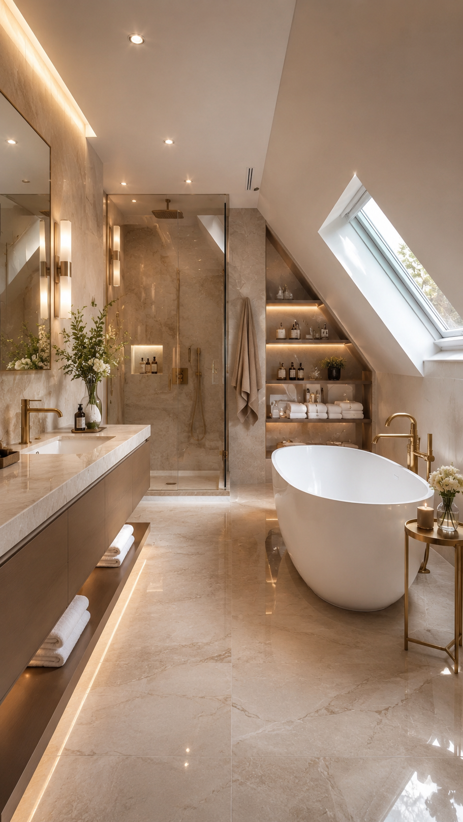 Luxury upstairs bathroom with floating wood vanity, marble-look tile, gold fixtures, freestanding bathtub, skylight, built-in shelving, glass shower, white flowers, and illuminated storage