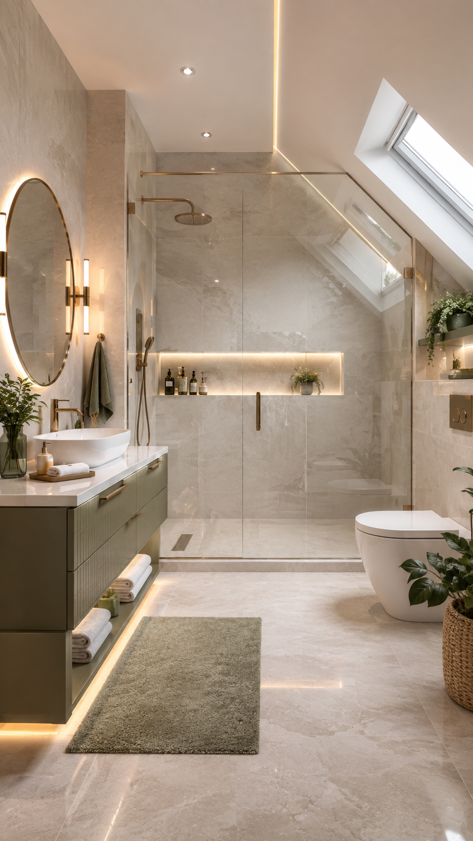 Upstairs bathroom with olive green floating vanity, gold fixtures, beige marble-look shower, backlit oval mirror, wall-hung toilet, skylight, plants, sage rug, and warm lighting