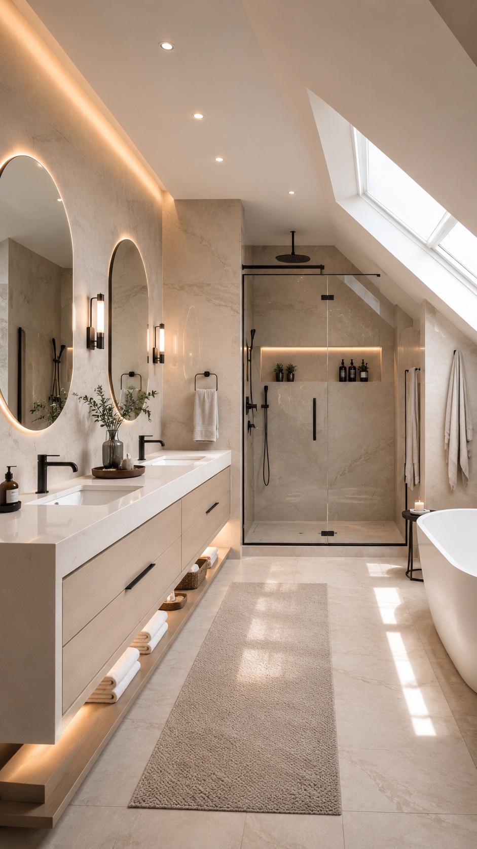 Bright neutral upstairs bathroom with double wood vanity, two backlit mirrors, skylight, glass walk-in shower, black fixtures, freestanding tub, stone tile, runner rug, and plants