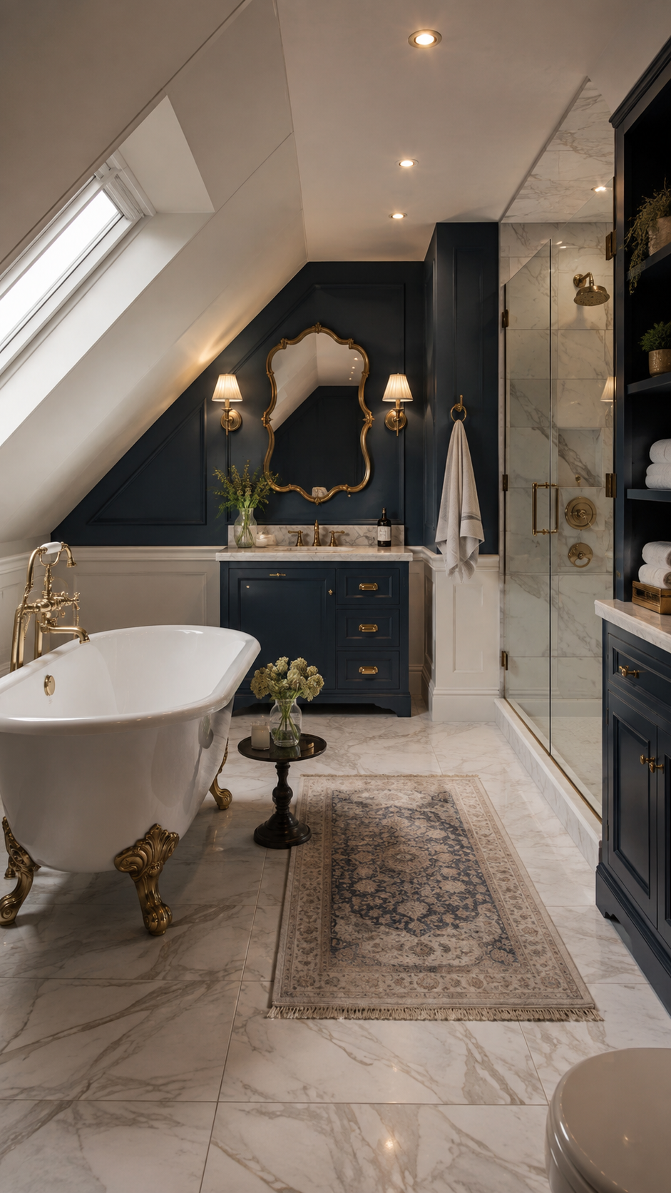 Elegant upstairs bathroom with navy paneled wall, gold mirror, navy vanity, brass fixtures, clawfoot bathtub, marble shower, skylight, built-in shelves, and vintage runner