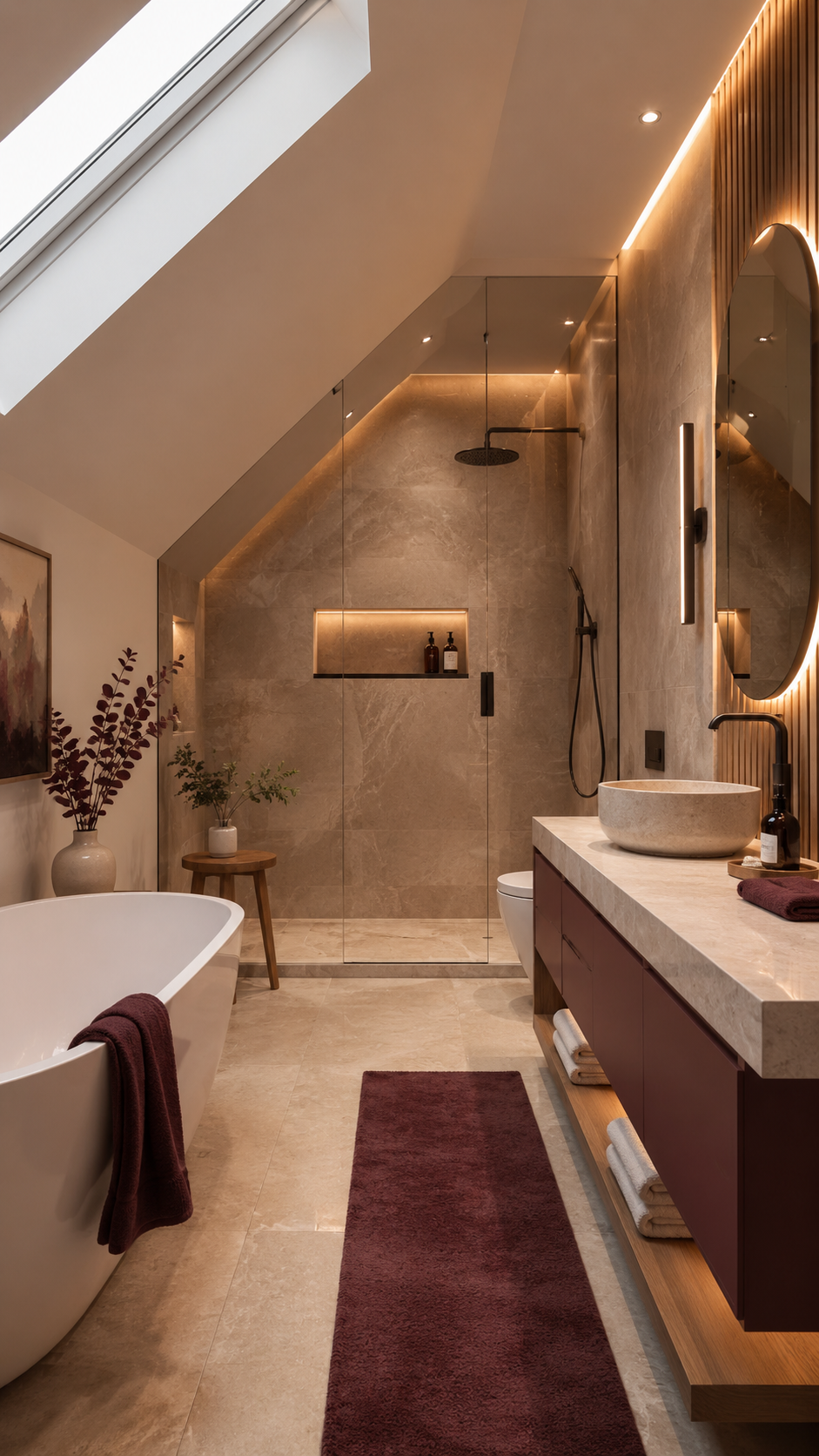 Modern upstairs bathroom with burgundy floating vanity, freestanding bathtub, beige stone shower, wood slat wall, oval mirror, black fixtures, soft lighting, and runner rug