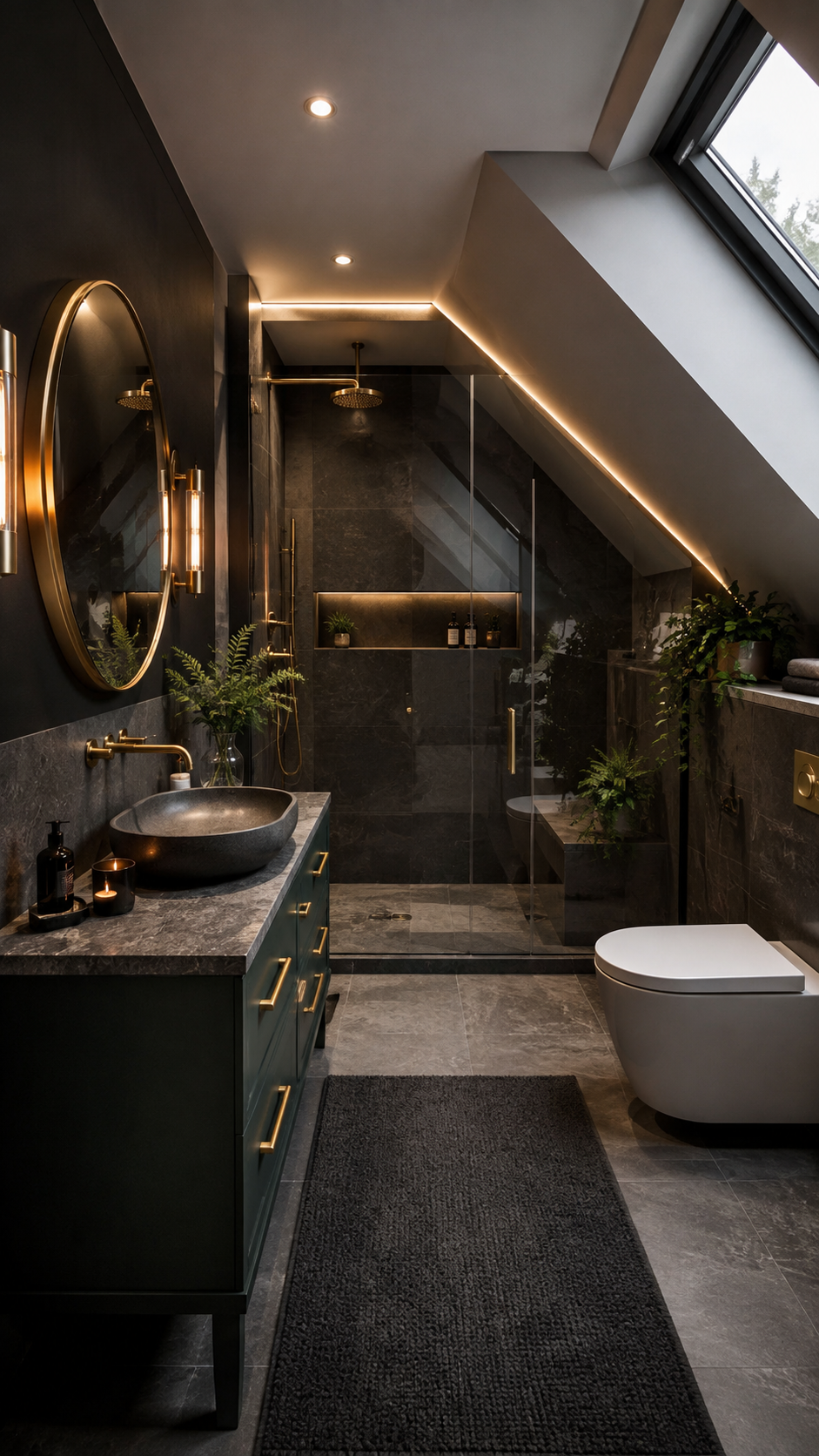 Moody upstairs bathroom with charcoal stone shower, deep green vanity, brass fixtures, round mirror, sloped ceiling, skylight, glass enclosure, plants, and dark rug
