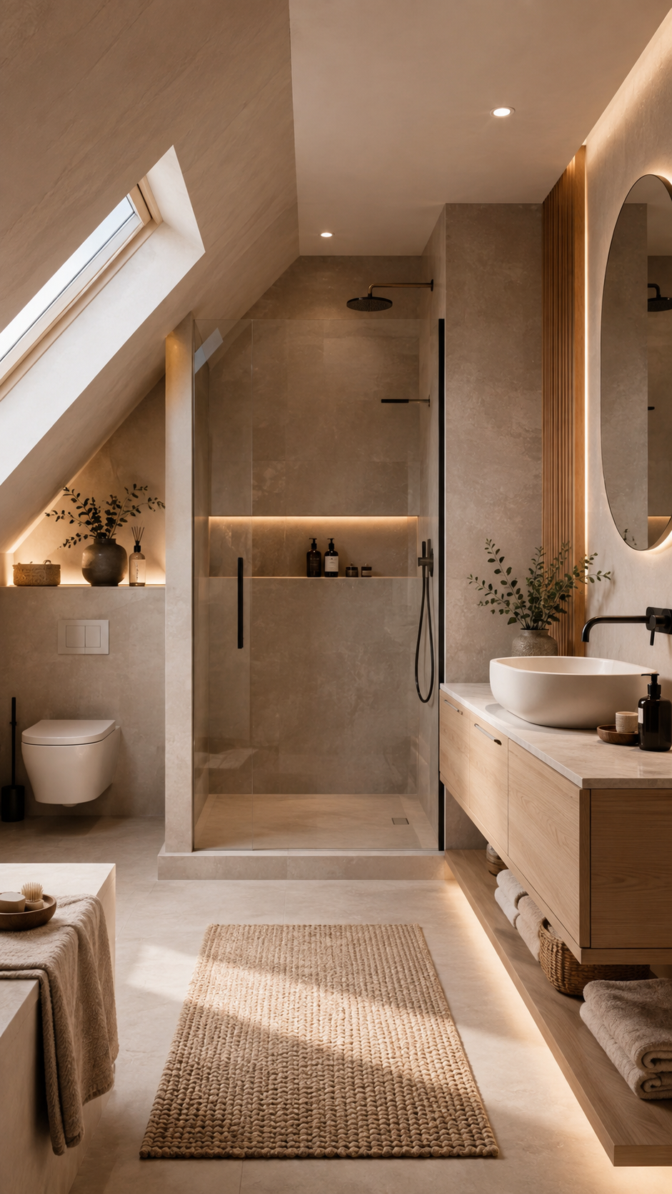 Warm neutral upstairs bathroom with sloped ceiling, skylight, walk-in shower, floating wood vanity, oval backlit mirror, stone-look tile, black fixtures, woven rug, and LED lighting