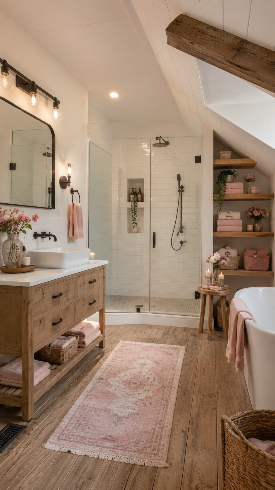 Rustic farmhouse upstairs bathroom with wood vanity, sloped paneled ceiling, exposed beam, glass walk-in shower, black fixtures, built-in shelves, blush towels, baskets, and runner rug