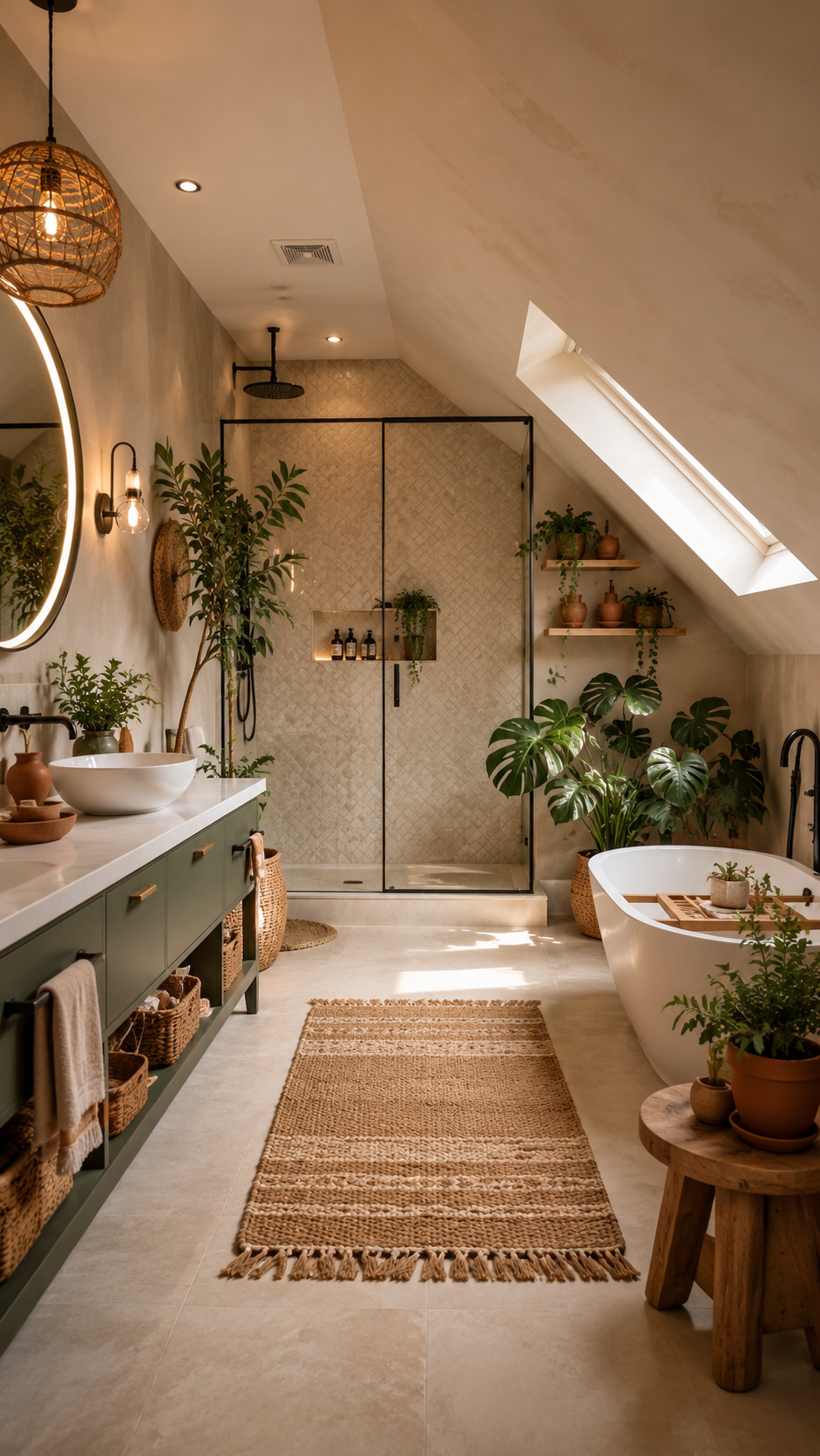Organic upstairs bathroom with walk-in shower, black framed glass, freestanding bathtub, muted green vanity, round backlit mirror, skylight, woven rug, plants, and wood shelves