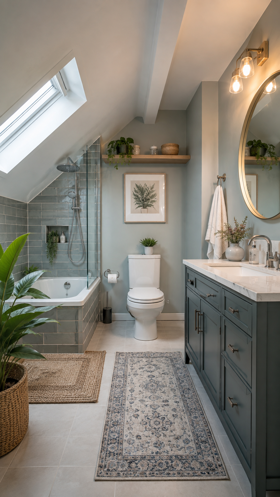 Upstairs bathroom with sloped ceiling, skylight, blue-gray bathtub tile, charcoal vanity, round mirror, glass shower screen, plants, floating shelf, and vintage runner rug