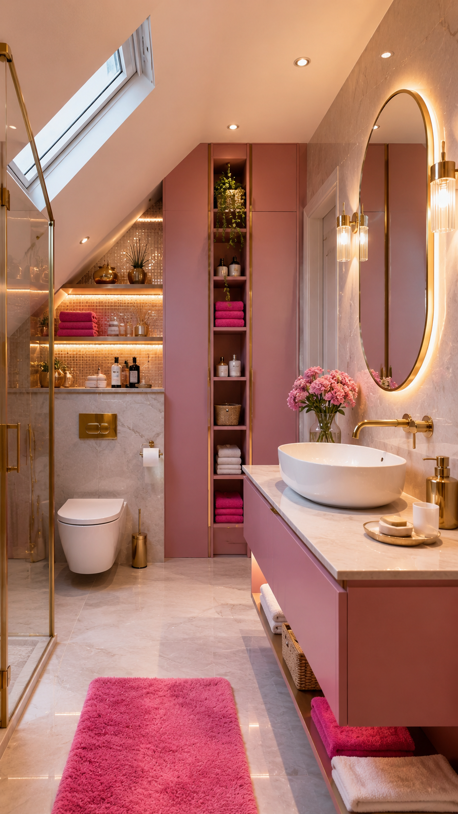 Upstairs bathroom ideas with dusty pink vanity, sloped ceiling, skylight, glass shower, gold fixtures, oval backlit mirror, built-in storage, pink towels, and marble-look walls