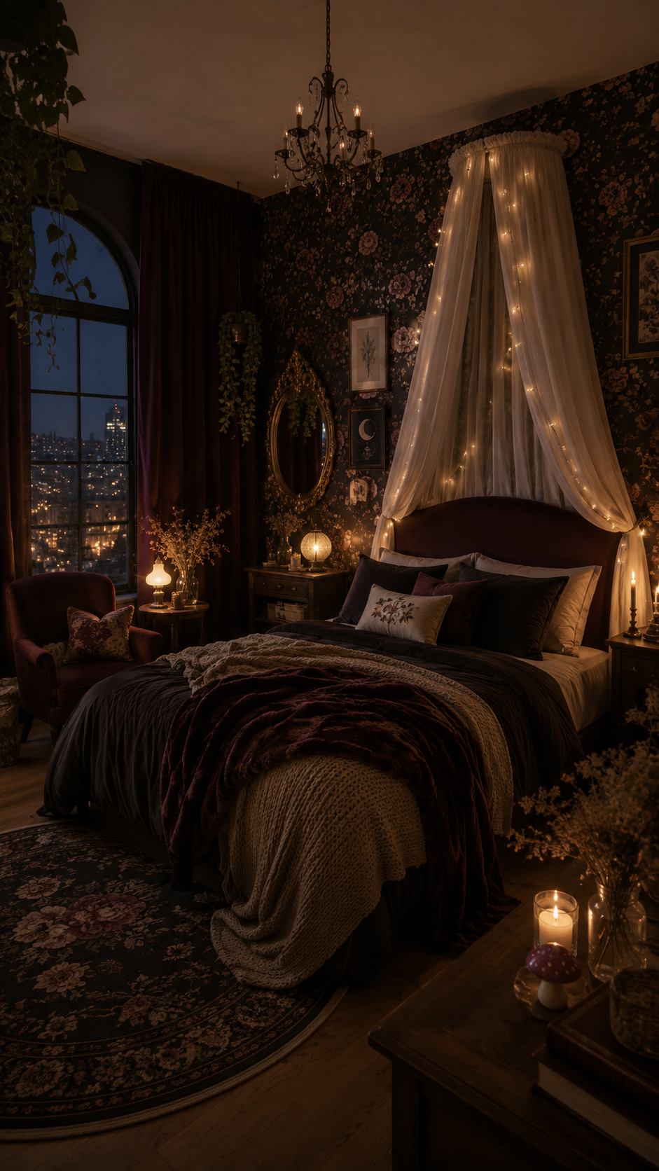 Dark whimsical bedroom with city-view arched window, ivory canopy curtains, fairy lights, burgundy and charcoal bedding, floral wallpaper, gold mirror, vintage chandelier, plants, chair, round floral rug, and mushroom decor