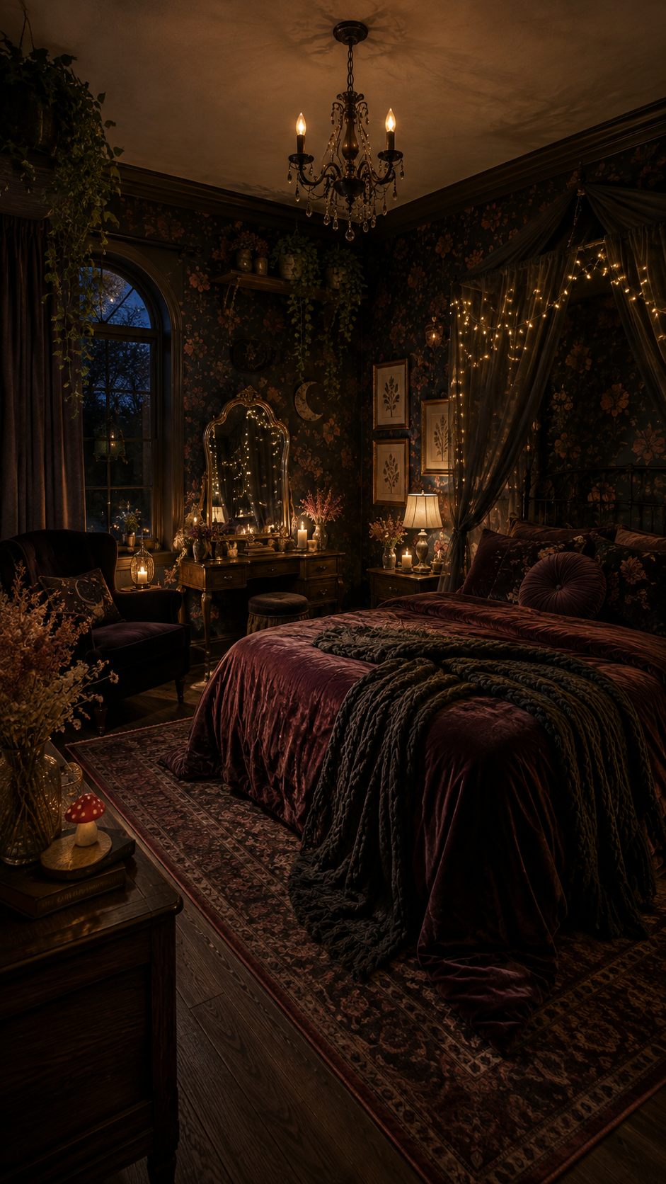 Dark whimsical bedroom with wine bedding, dark canopy curtains, warm string lights, floral wallpaper, chandelier, arched window, gold mirror, vanity, plants, reading chair, mushrooms, and traditional rug