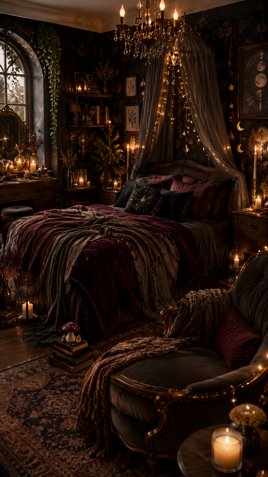Dark whimsical bedroom with burgundy velvet bedding, fairy light canopy, moon phase decor, floral wallpaper, chandelier, arched window, dresser, plants, chair, patterned rug, lanterns, and mushrooms