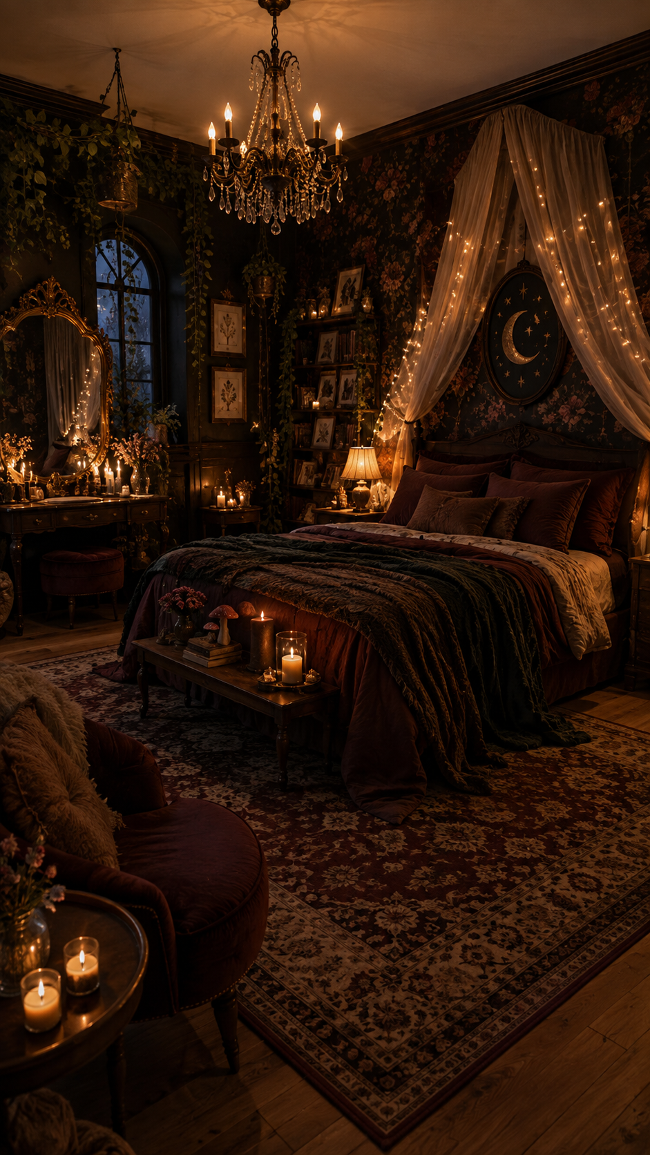 Dark whimsical bedroom with burgundy and forest green bedding, ivory canopy curtains, crescent moon artwork, floral wallpaper, crystal chandelier, vintage mirror, bookshelves, bench, mushroom decor, and rug