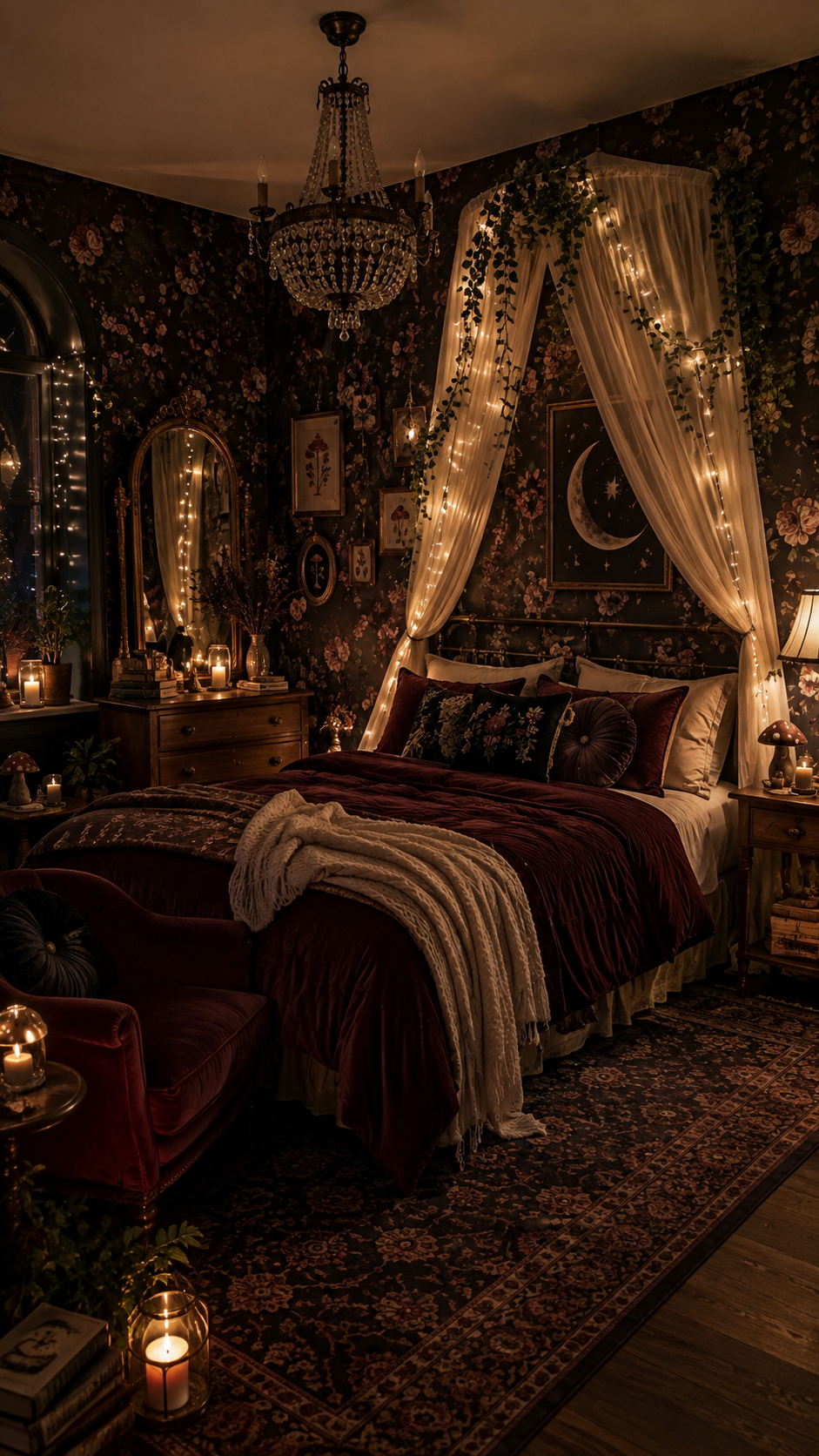 Dark whimsical bedroom with burgundy bedding, ivory canopy curtains, floral wallpaper, moon and star artwork, crystal chandelier, gold mirror, plants, mushroom decor, armchair, and Persian rug