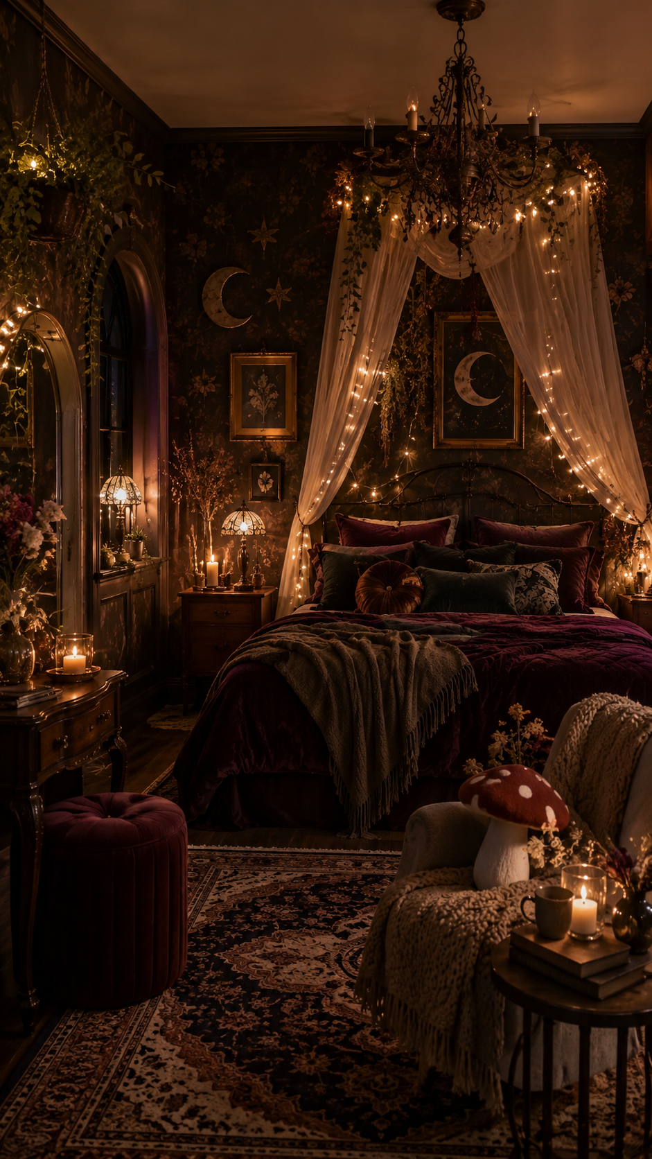 Dark whimsical bedroom with burgundy bedding, dark green pillows, cream canopy curtains, fairy lights, moon artwork, floral wallpaper, vintage chandelier, dresser, arched window, mushroom cushion, and Persian rug