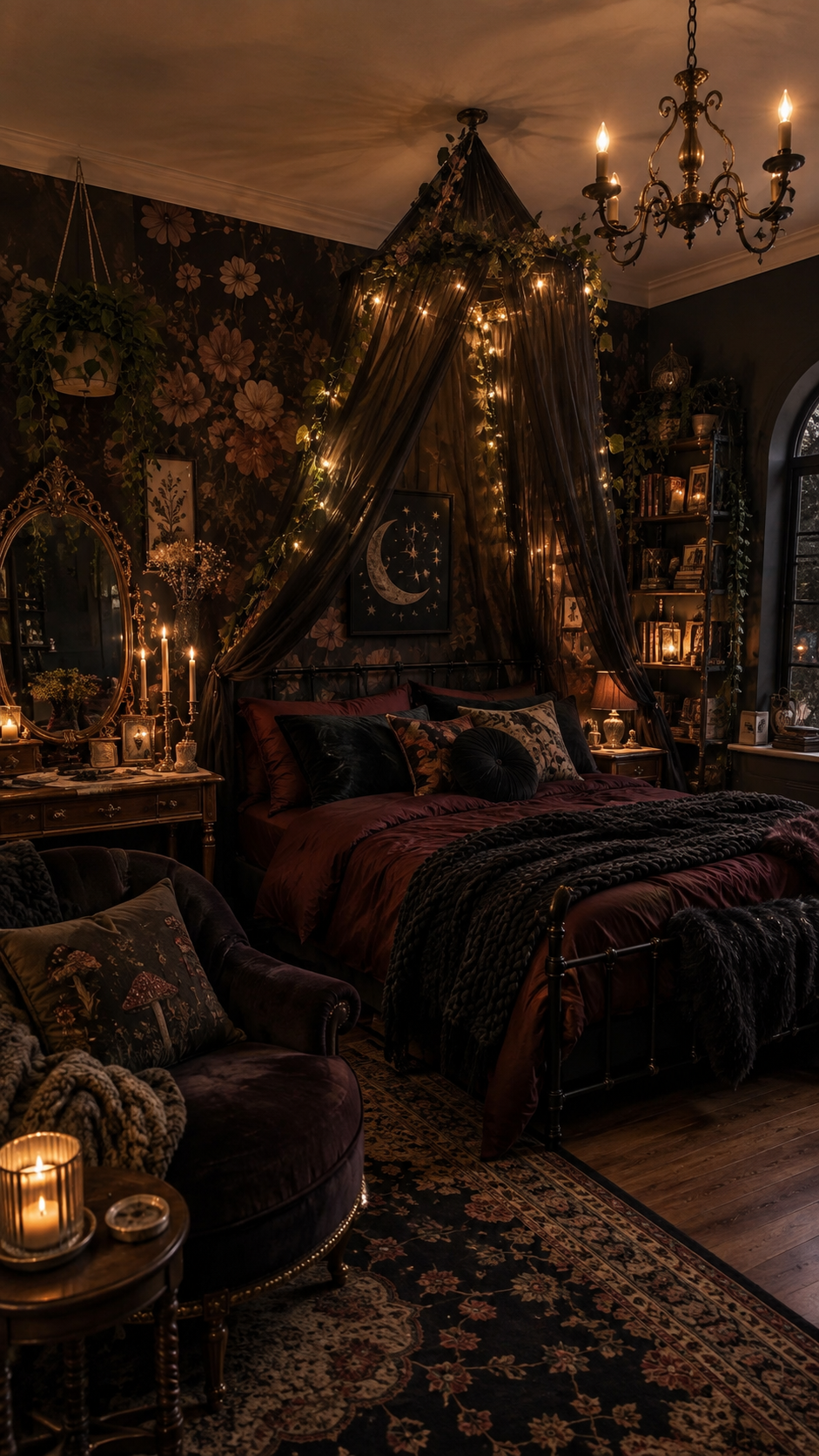 Dark whimsical bedroom with black canopy curtains, fairy lights, burgundy bedding, floral wallpaper, moon and star artwork, gold mirror, bookshelves, plants, velvet chair, mushroom cushion, and chandelier