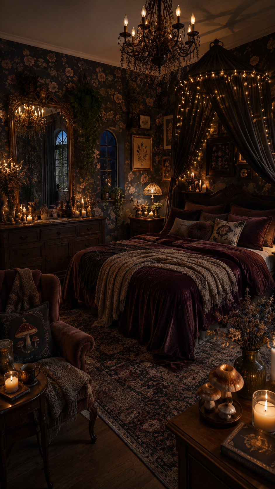 Dark whimsical bedroom with black floral walls, burgundy bedding, cream throw, black canopy, string lights, chandelier, carved mirror, arched window, plants, mushroom cushion, rug, and candles