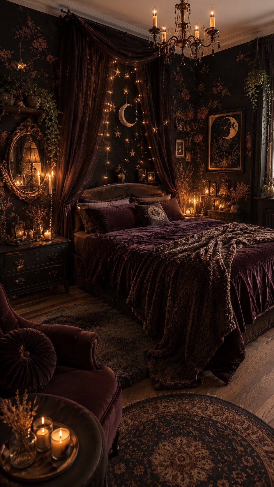Dark whimsical bedroom with burgundy bedding, dramatic curtains, glowing stars, hanging crescent moon, botanical wallpaper, black chandelier, vintage dresser, plants, velvet chair, layered rugs, and candles