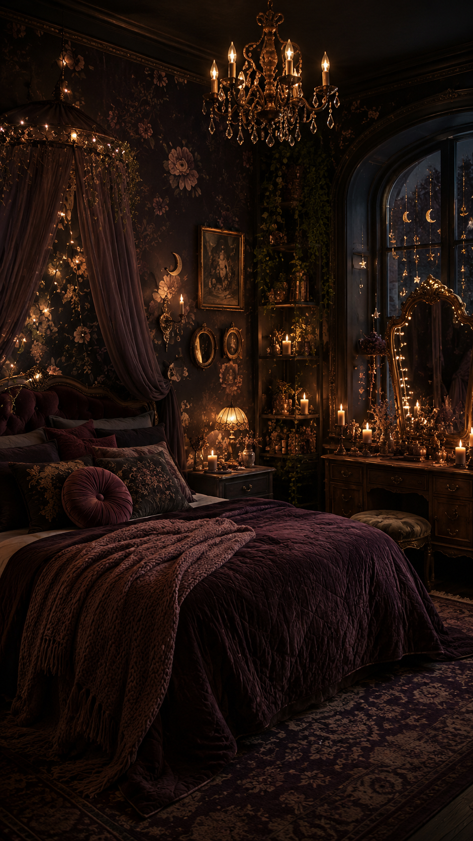 Dark whimsical bedroom with burgundy bedding, dark floral wallpaper, canopy fabric, string lights, crescent moon accents, arched window, gold mirror, chandelier, plants, rug, and shelf decor