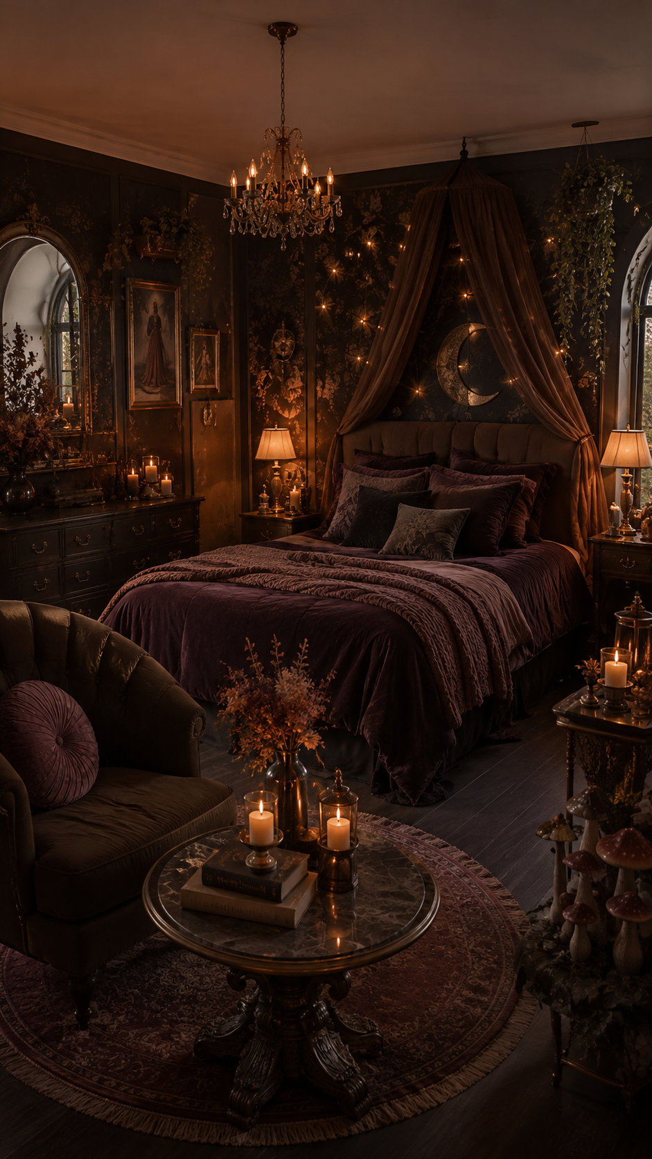 Moody dark whimsical bedroom with plum bedding, sheer canopy, crescent moon wall decor, floral wallpaper, chandelier, dresser, arched mirror, candles, curved chair, round rug, and greenery